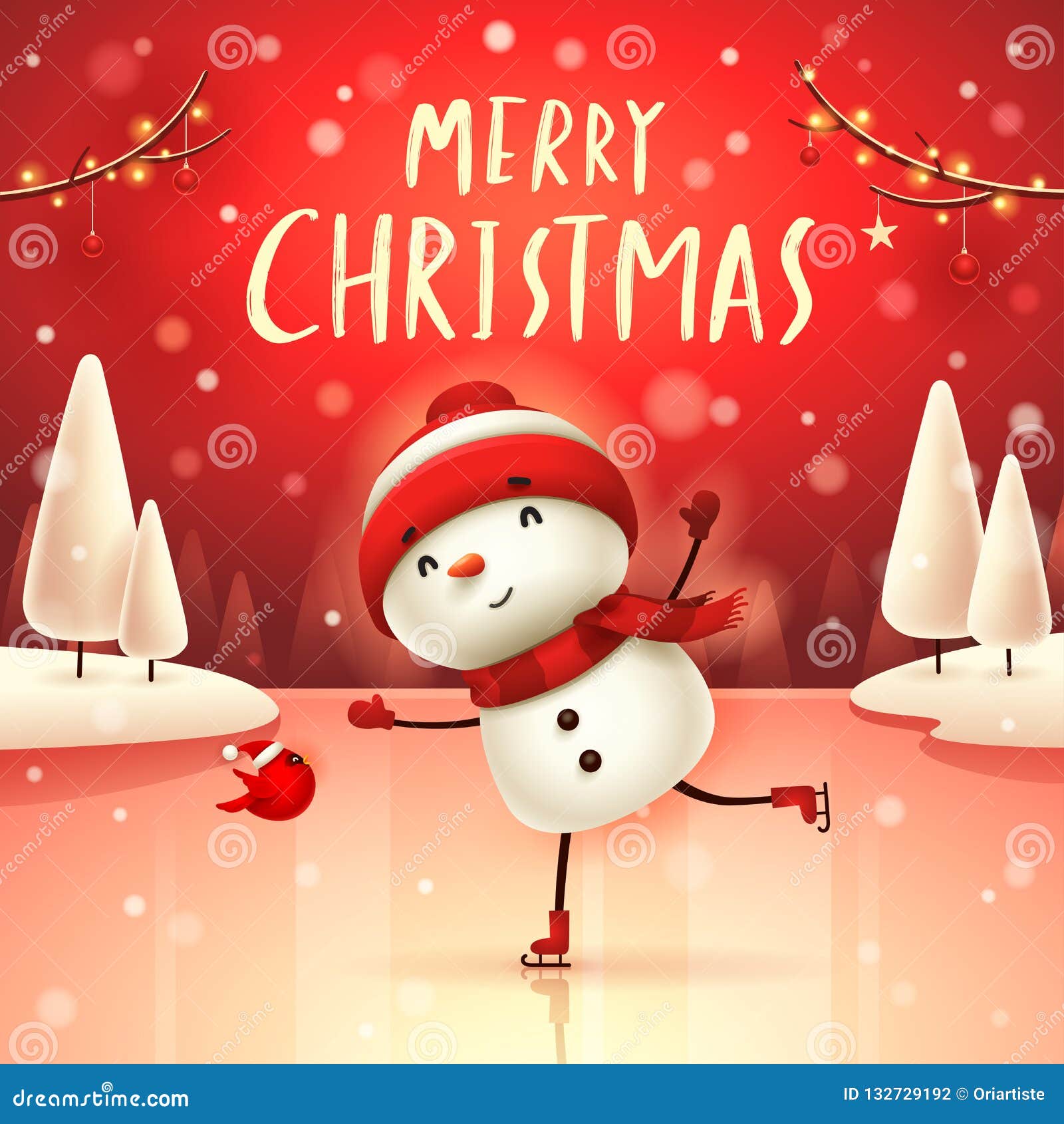 Download Merry Christmas! Cheerful Snowman On Skates In Christmas Snow Scene Winter Landscape Stock ...