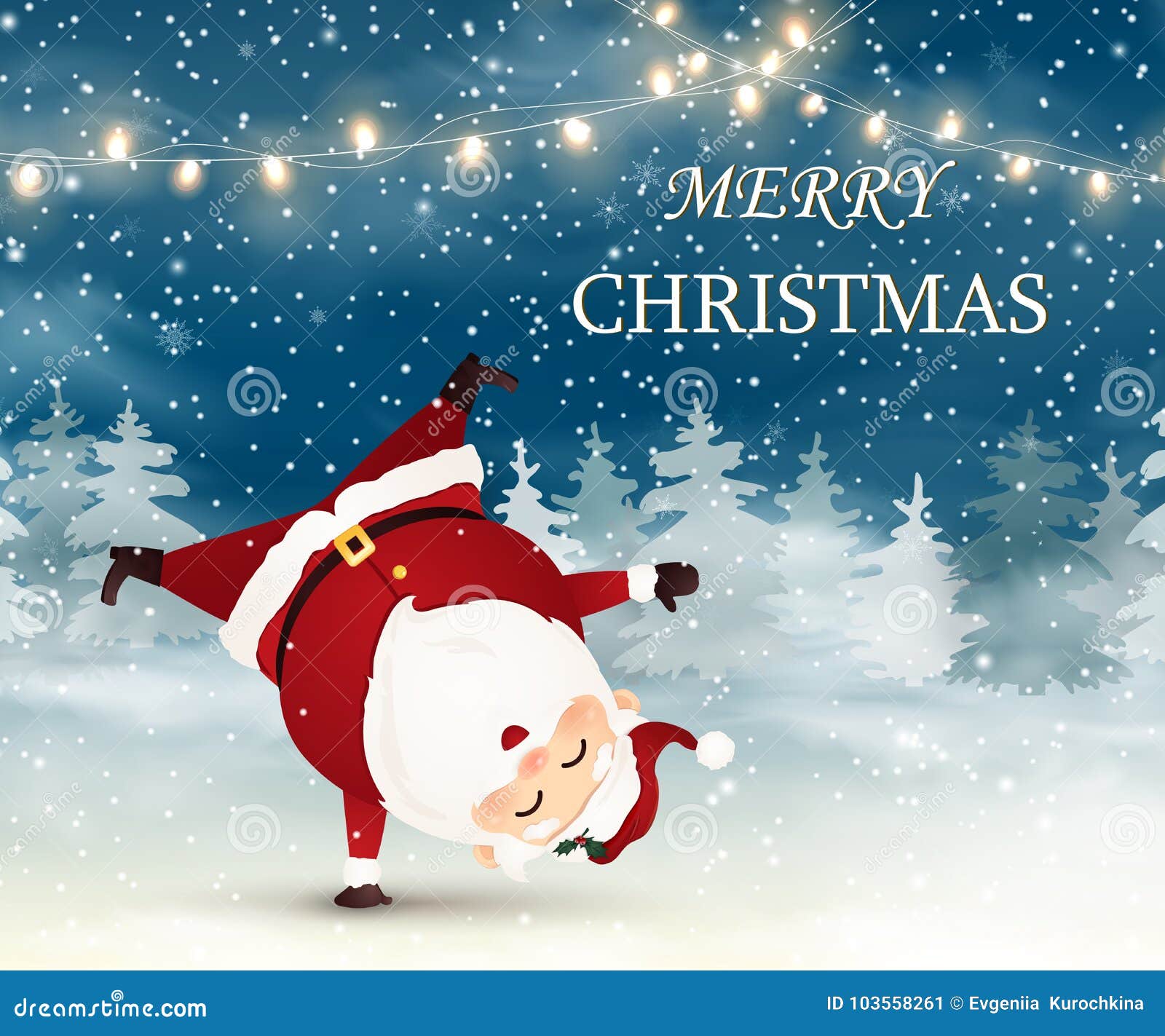 merry christmas. cute, cheerful santa claus standing on his arm in christmas snow scene.