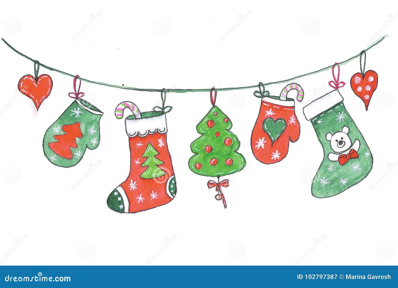 Merry Christmas  Decorations  Hanging On A Rope Drawing  In 