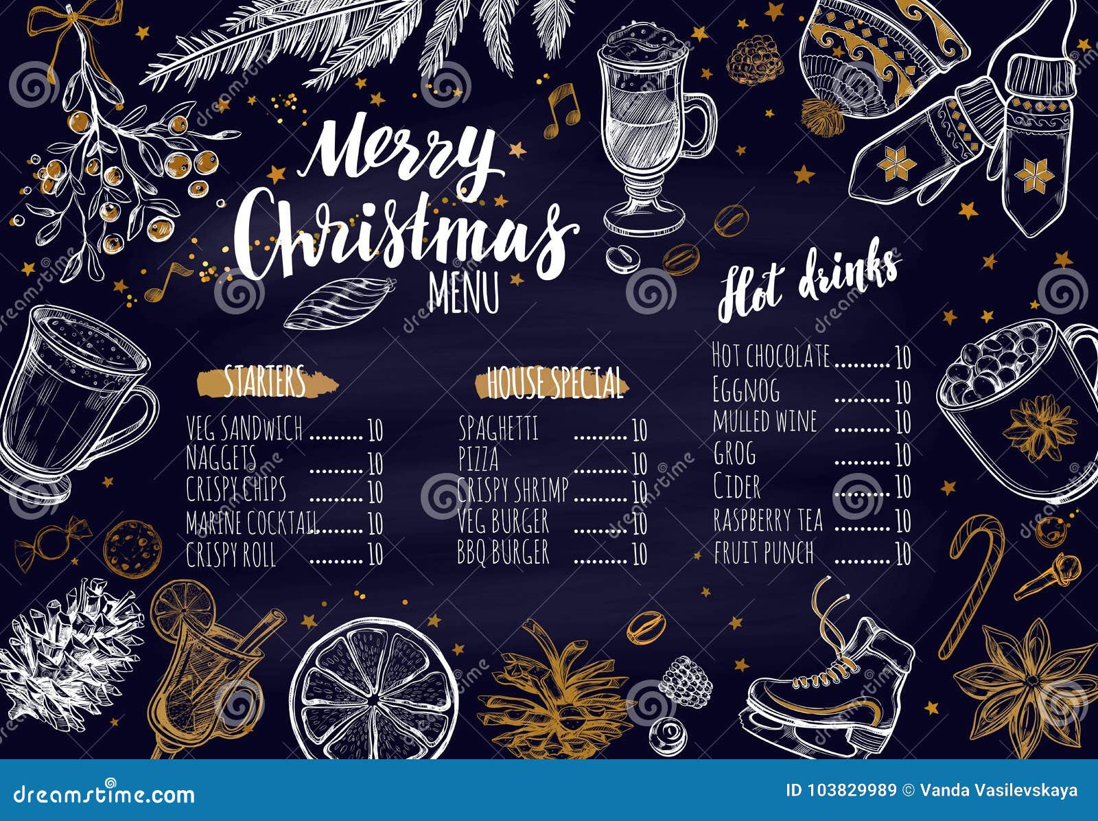 merry christmas festive winter menu on chalkboard design template