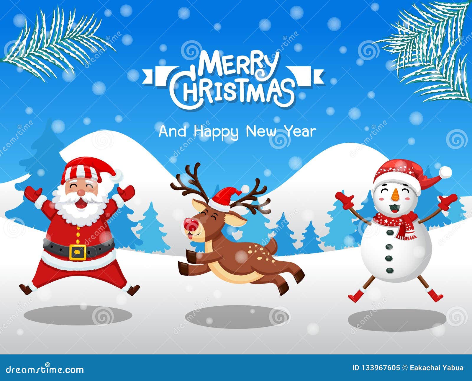 Download Merry Christmas. Funny Snowman, Reindeer, Santa Claus In Christmas Snow Scene Winter Landscape ...