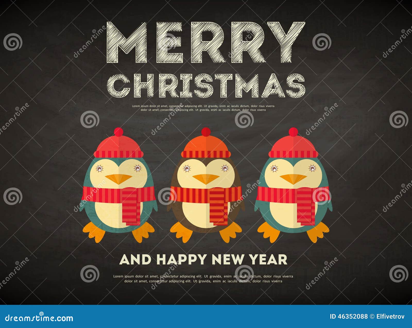 merry christmas greeting card cartoon cute penguin vintage style chalkboard vector illustration 46352088
