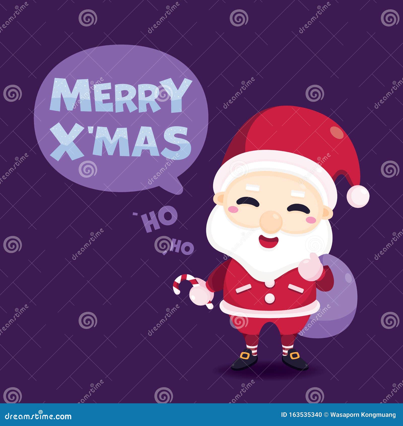 Merry Christmas Greeting Card with Cute Santa Claus, Reindeer, Snowman