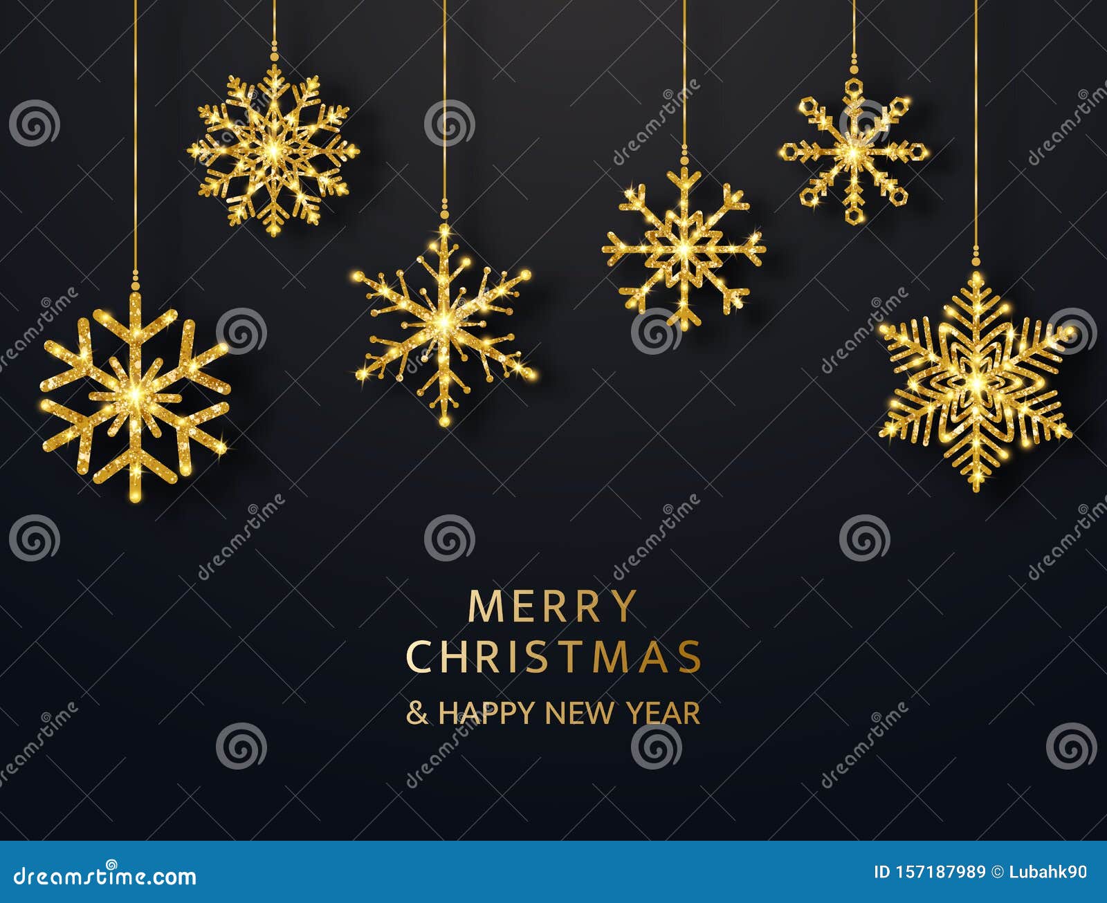 merry christmas greeting card with hanging glitter snowflakes. bright gold baubles on black background. luxury holiday