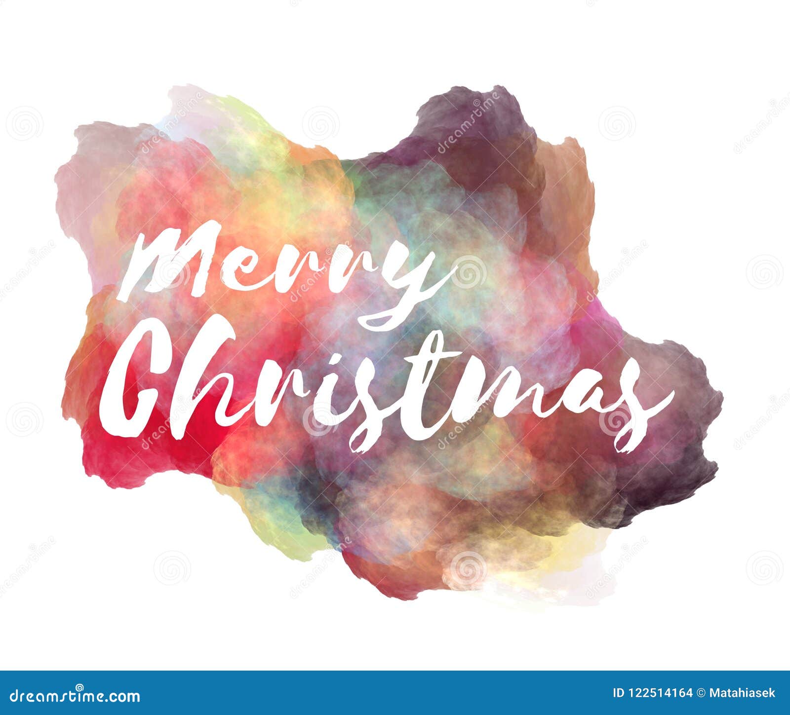 Merry Christmas hand lettering phrase on watercolor imitation color splash over white background