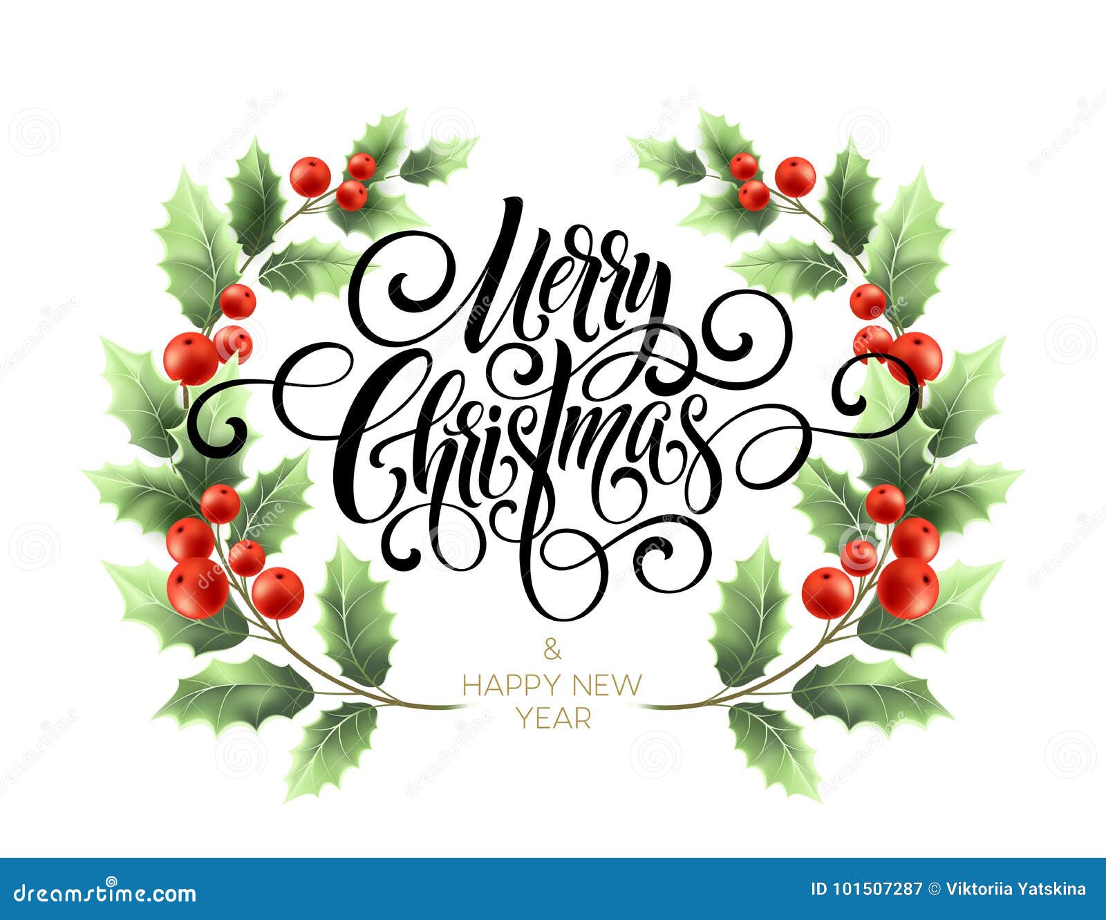 Download Merry Christmas Handwriting Script Lettering Christmas Greeting Card With Holly Vector Illustration Stock