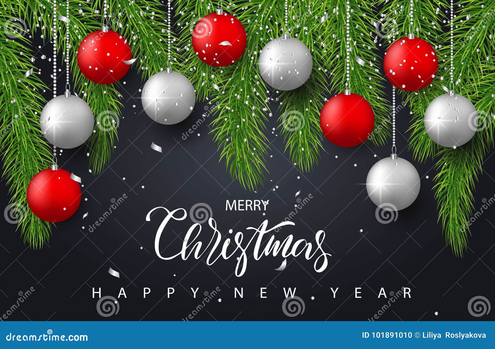 merry christmas and happy new year background with red and silver balls,tree branches and confetti. holiday greeting