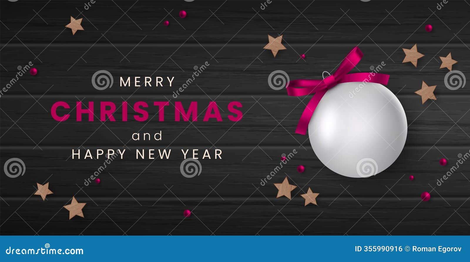 merry christmas and happy new year banner. realistic  round tree toy  on wooden table. premium web