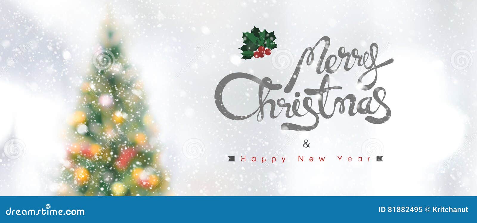 Merry Christmas and Happy New Year banner. Merry Christmas and Happy New Year text on panoramic banner background with snowfall