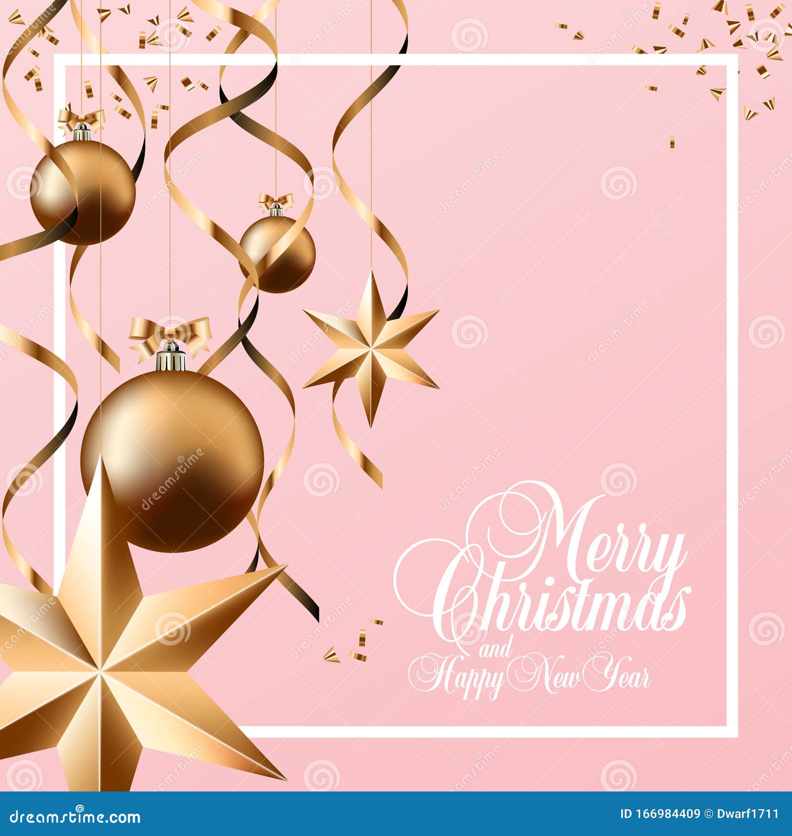 Merry Christmas and Happy New Year calligraphic lettering in square social network post or banner vector template. Gold balls, stars, confetti, serpentine on light pink background.
