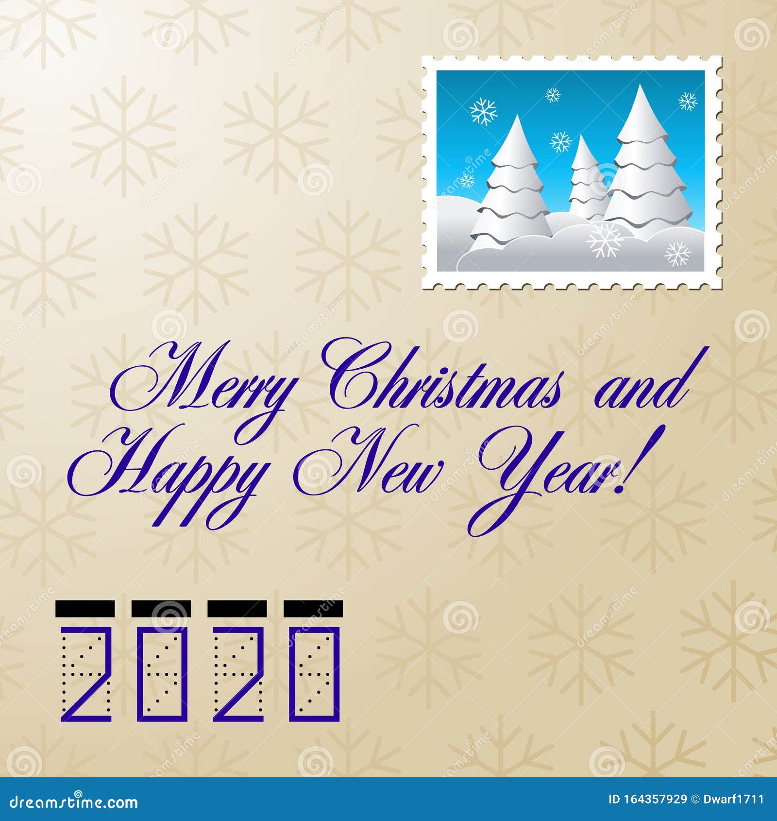 Merry Christmas and Happy New Year calligraphic lettering on vintage paper vector square social network post or banner template. Old postcard style with zip code and postage stamp.