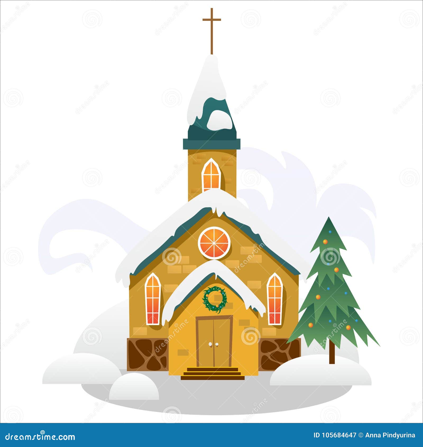 Merry Christmas and Happy New Year Card, Church and Green Tree Under ...