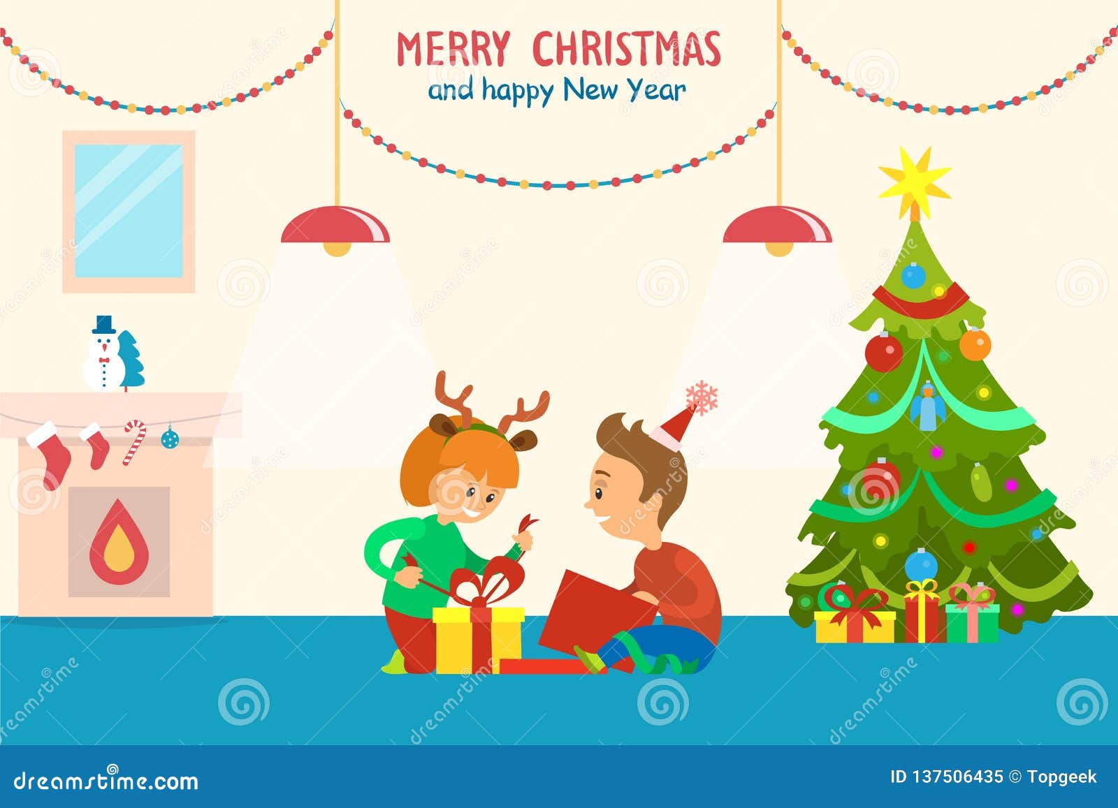 Merry Christmas and Happy New Year Children Home Stock Vector ...