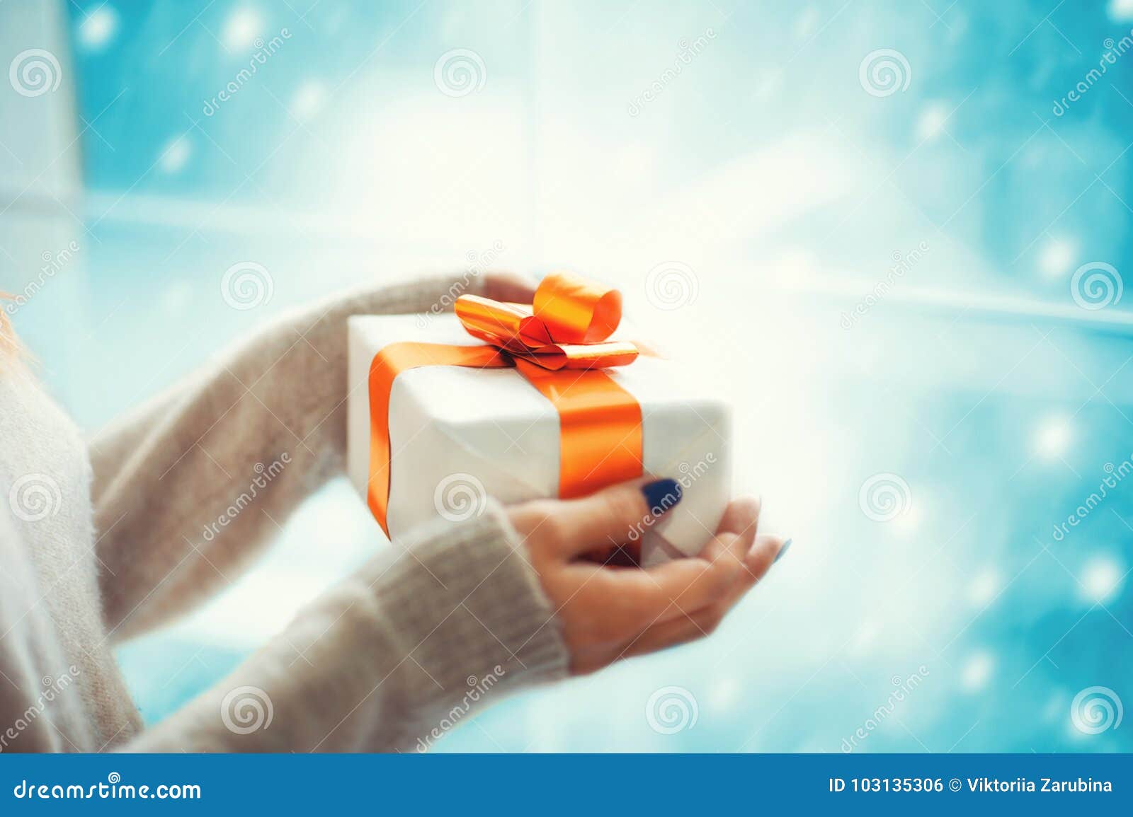 Download Merry Christmas And Happy New Year Close Up Female Hands Holding Present Box Indoor