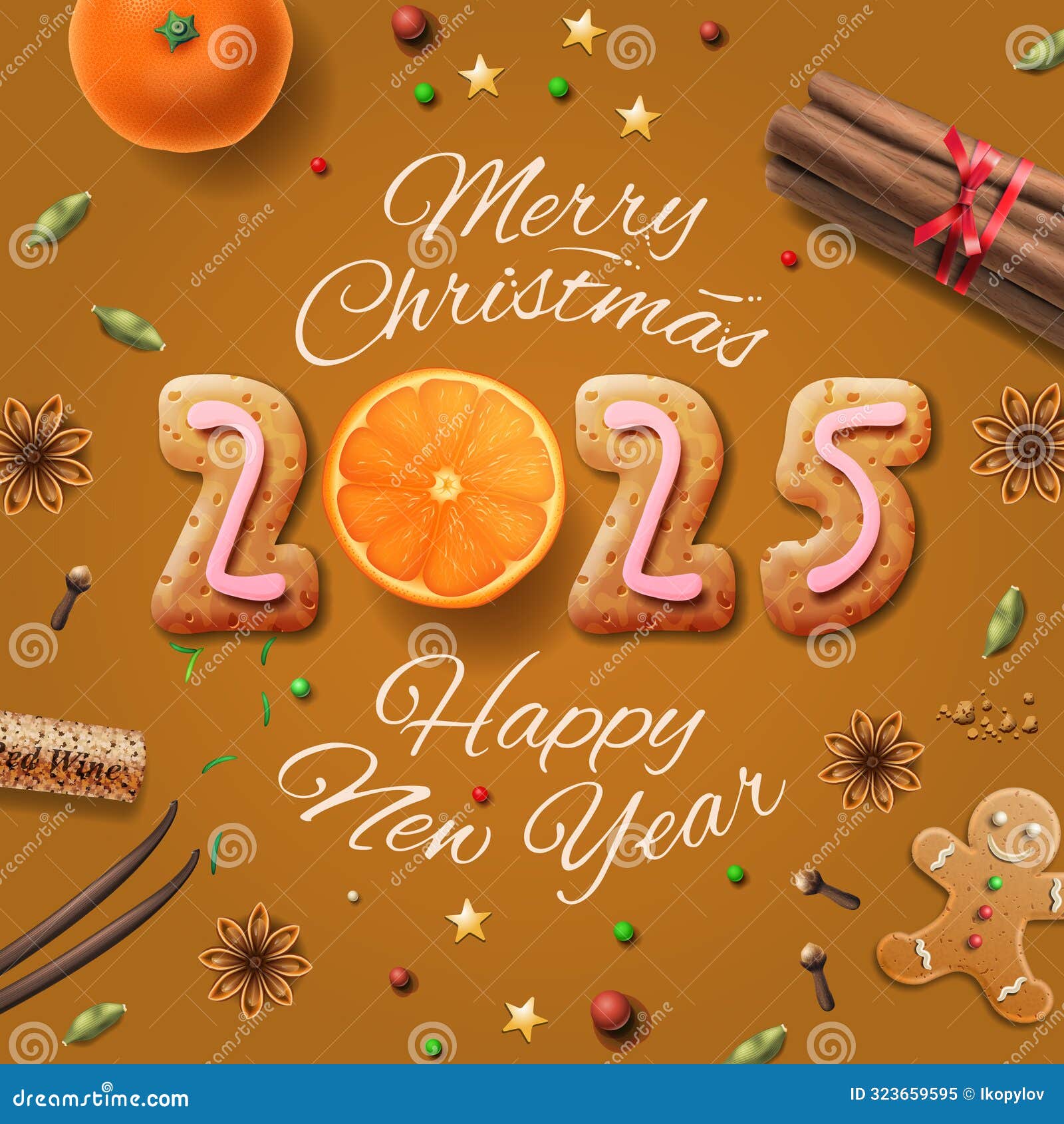 Merry Christmas 2025 and Happy New Year Composition with Gingerbread Cookies, Spices Cinnamon