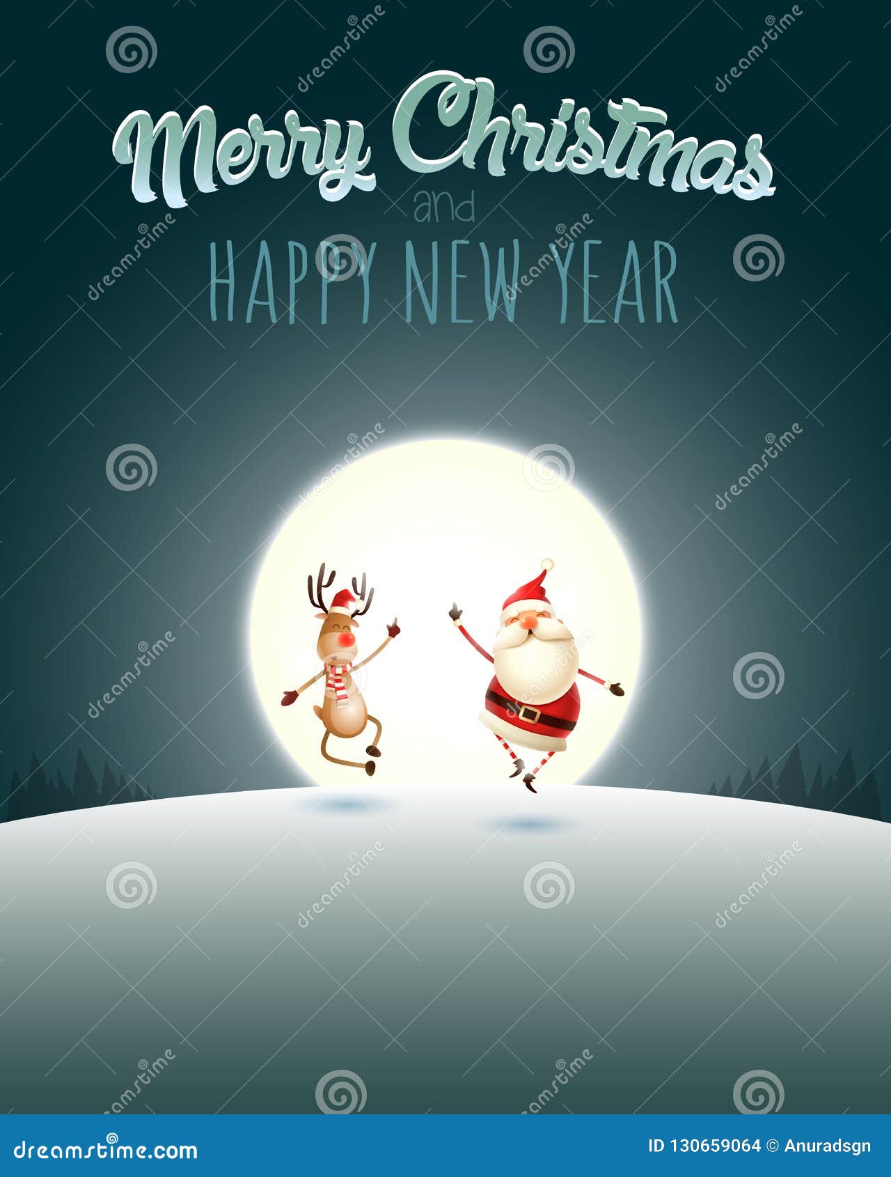 merry christmas and happy new year - happy expresion of santa claus and reindeer - winter landscape with blue moonlight
