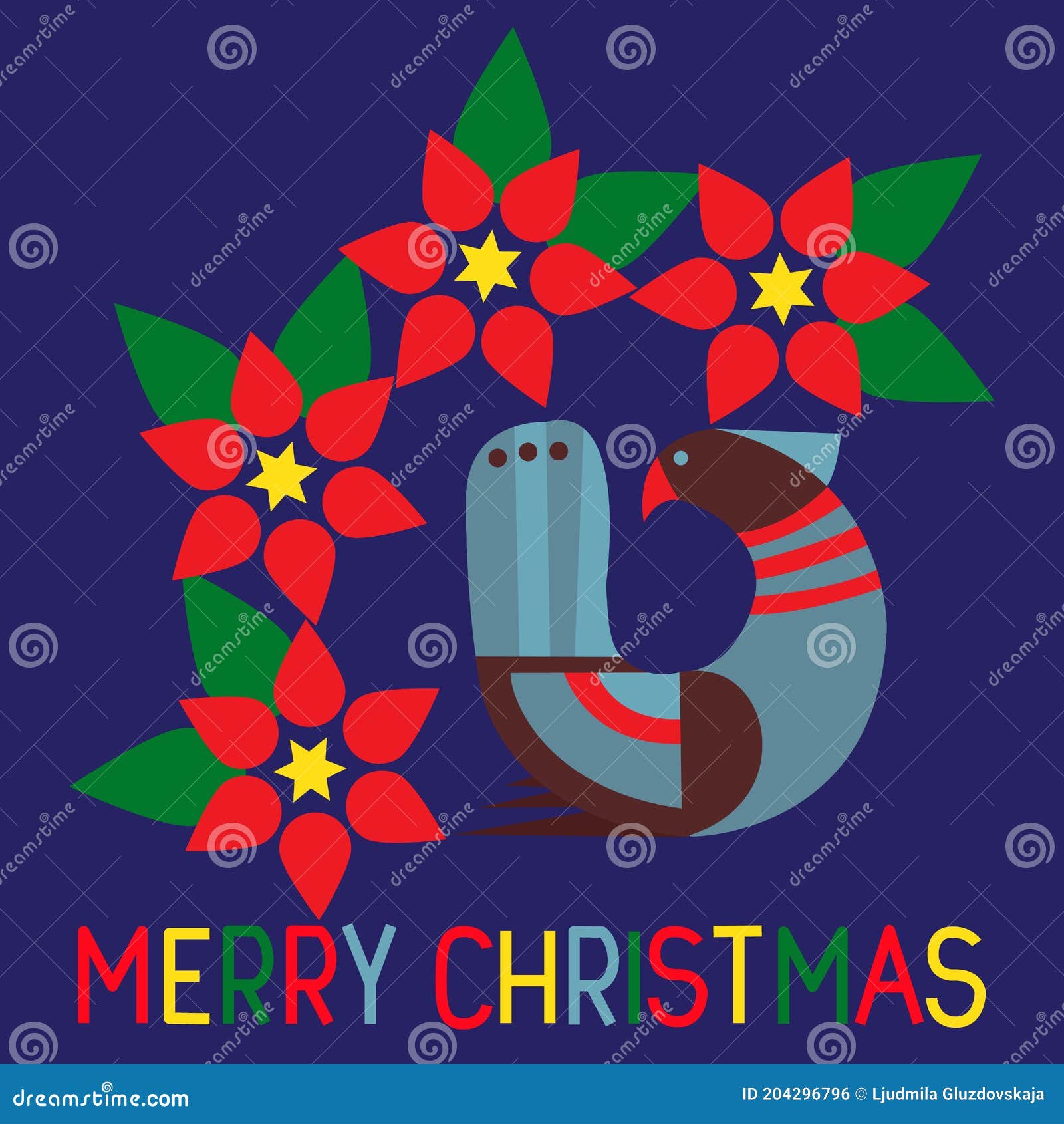 merry christmas and happy new year gifts. stylized poinsettia and fantastic bird in scandinavian style.  