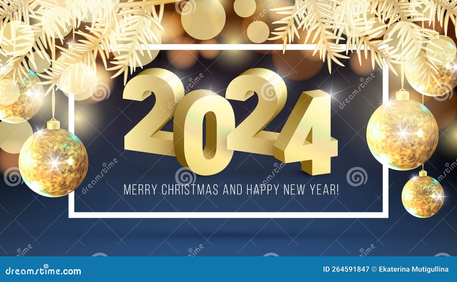 Merry Christmas and Happy New Year 2024 Gold Design Template with 3D ...