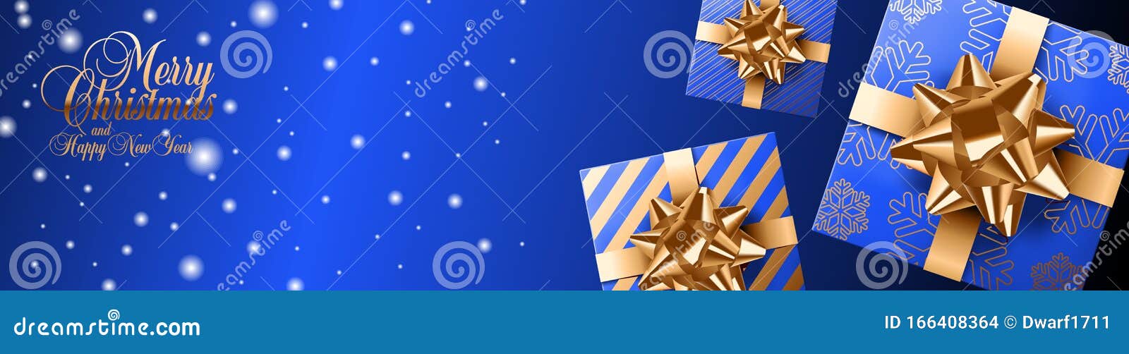 Merry Christmas and Happy New Year golden lettering on royal blue background. Realistic website header or banner layout with snow and gifts with golden bows.