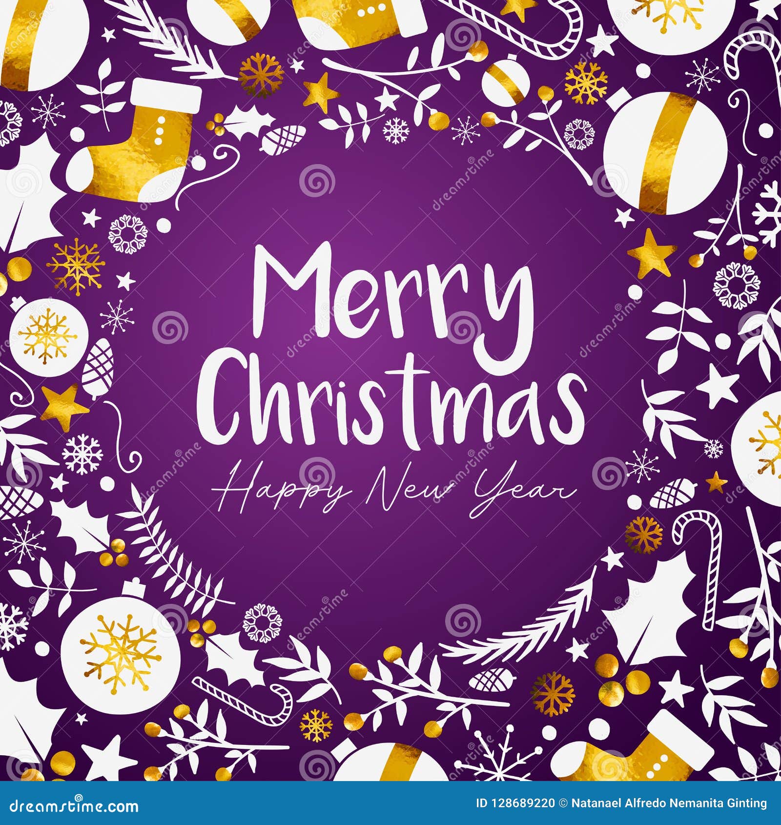 Merry Christmas Happy New Year Golden Purple Background Stock Vector ...