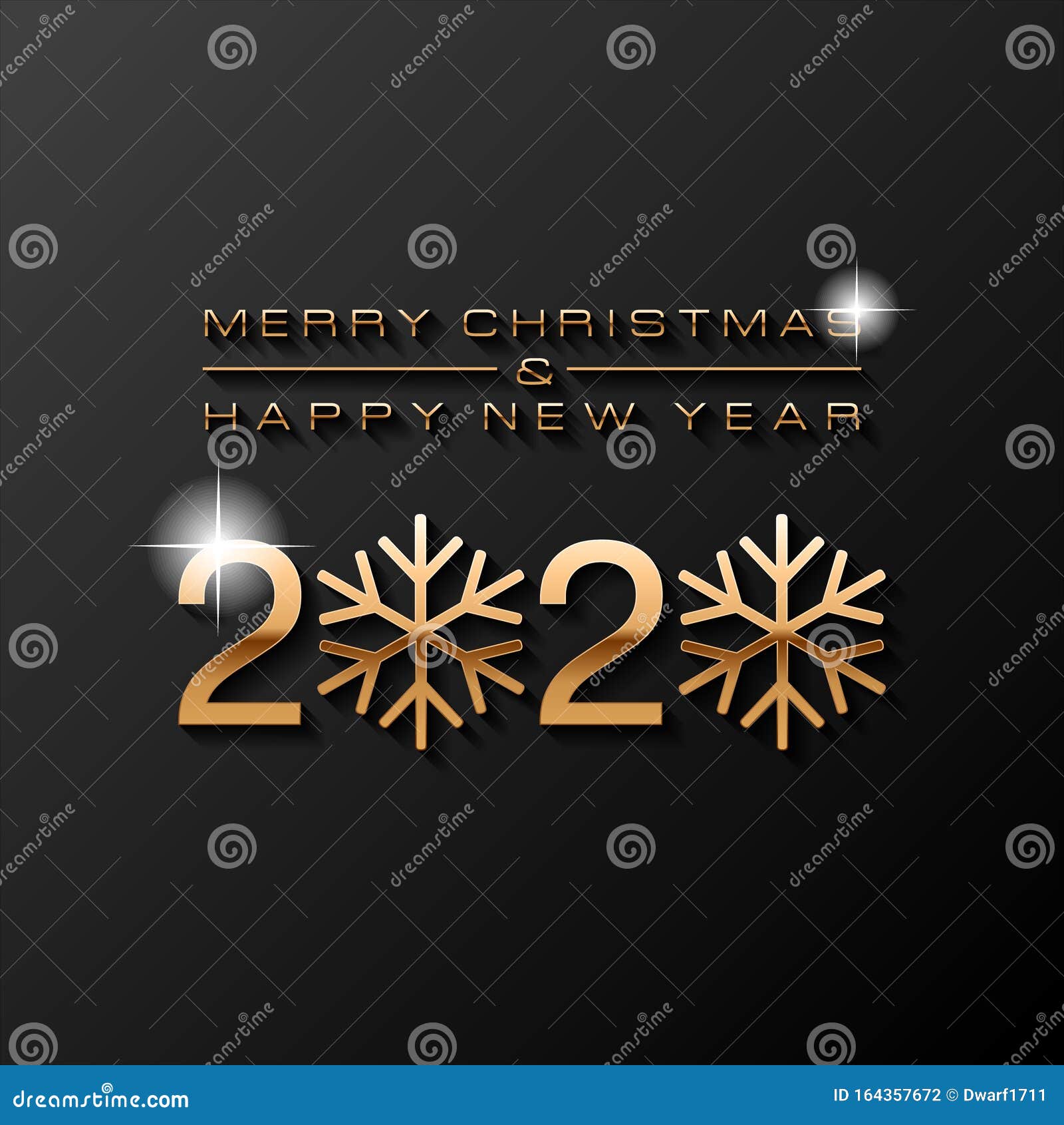 2020 Merry Christmas and Happy New Year golden text with snowflakes on black background. Square social media post or banner vector template.