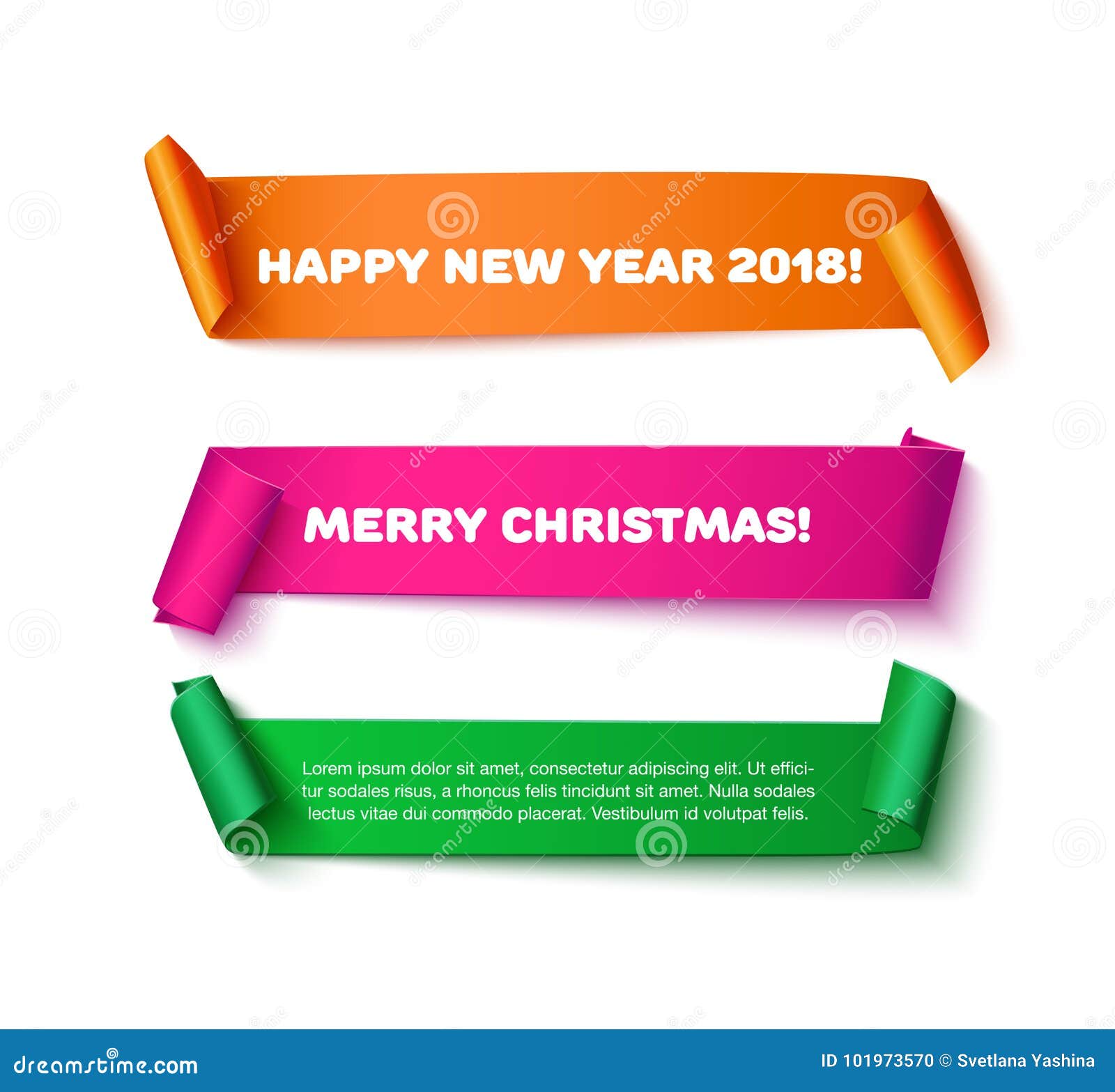 Colorful curved paper ribbon with roll realistic vector illustration Merry Christmas and Happy New Year 2018 greeting card banner poster design