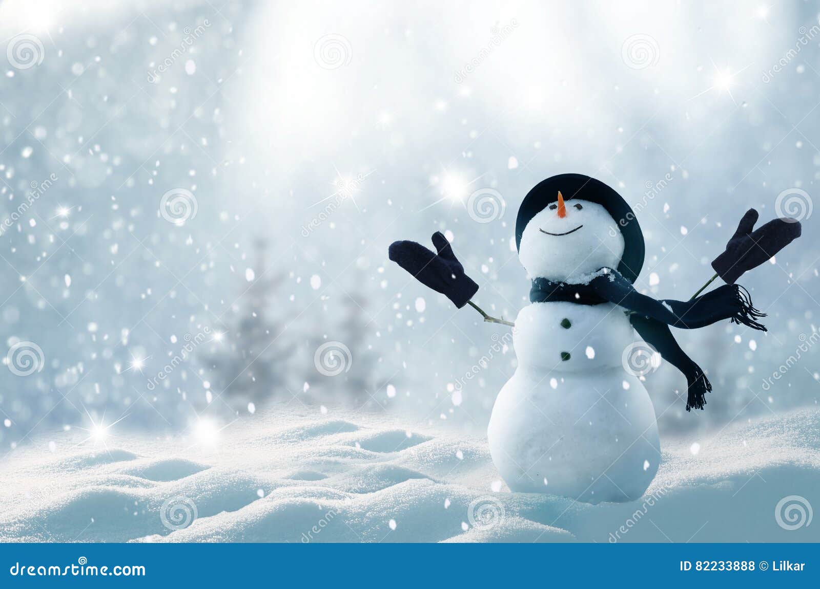 merry christmas and happy new year greeting card with copy-space.happy snowman standing in winter christmas