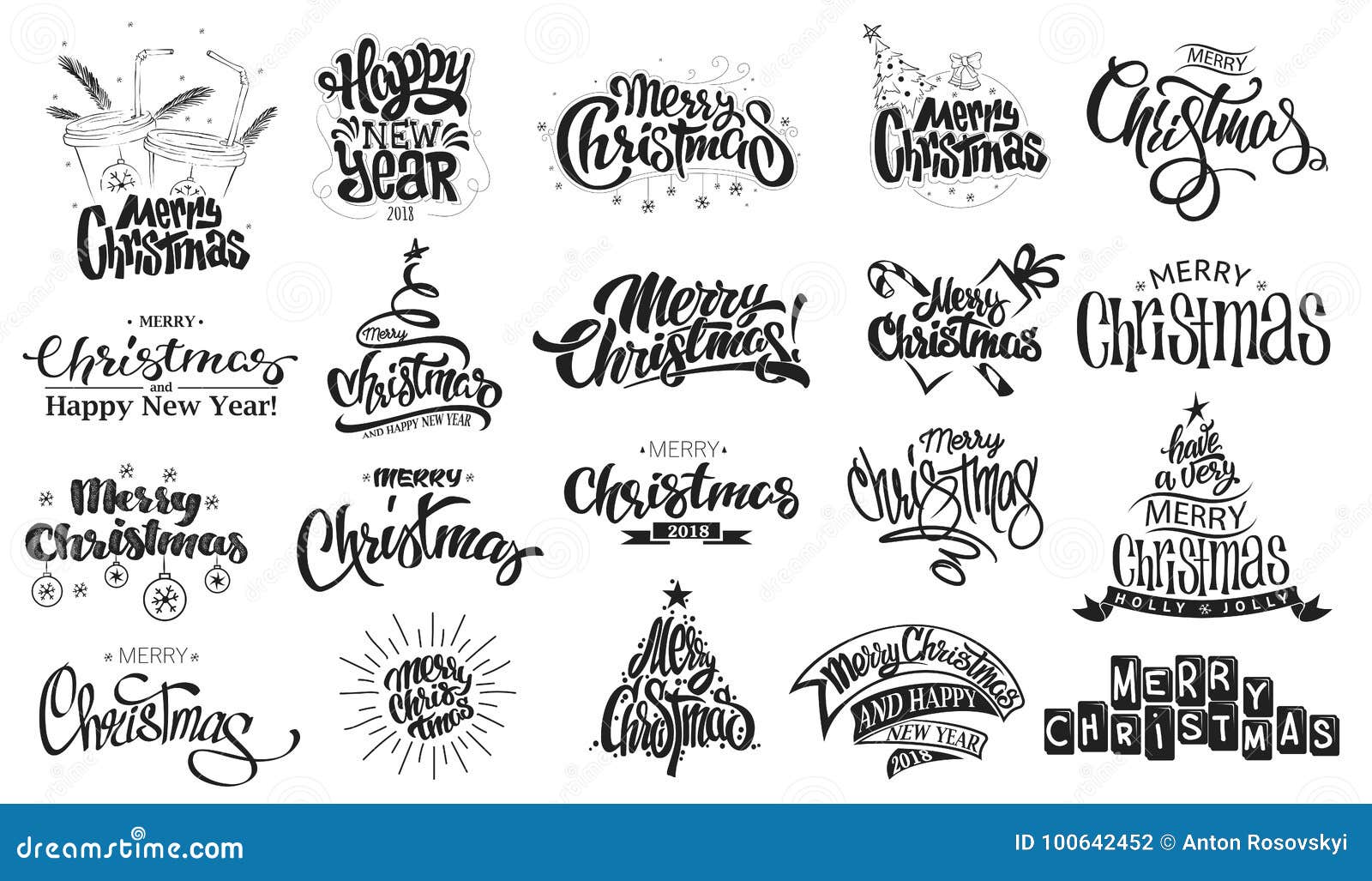 merry christmas. happy new year. handwritten modern brush lettering, typography set