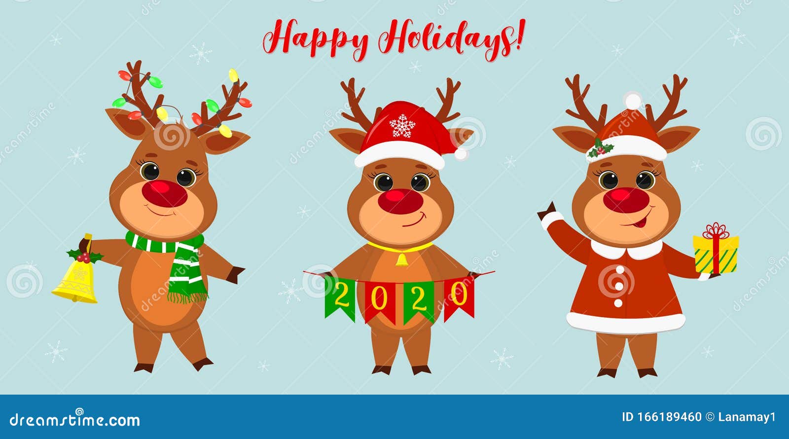 Merry Christmas and a Happy New Year 2020. Three Cute Reindeer in ...