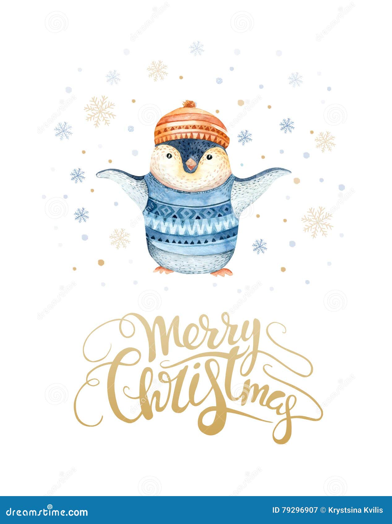 Merry Christmas Lettering with Watercolour Fun Pinguin. Stock ...