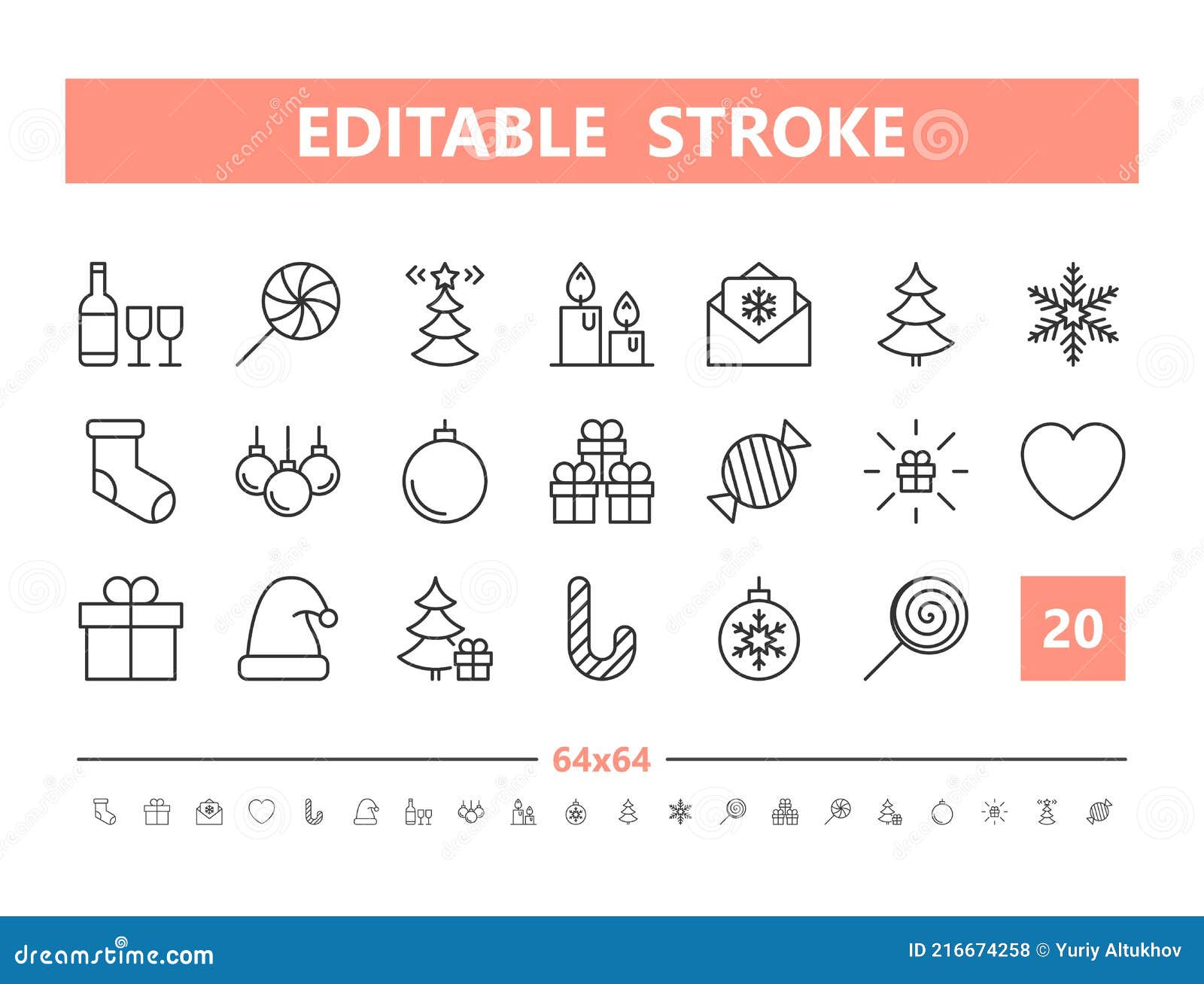 merry christmas 20 line icons.   in line style. editable stroke, 64x64, 256x256, pixel perfect.