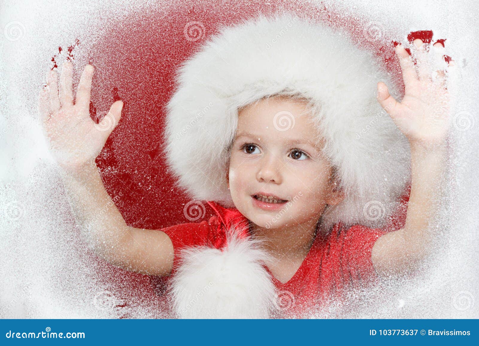 Merry Christmas Little Child on Window Looking at the Winter. Kid and ...