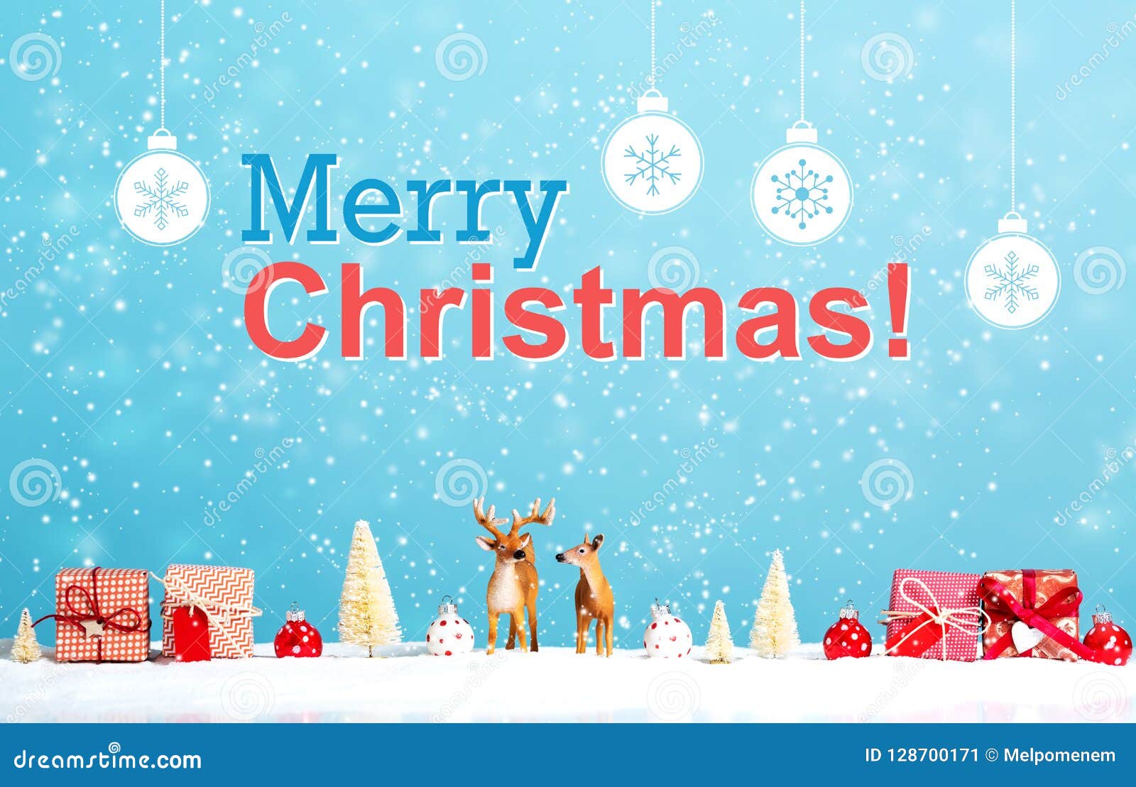 Merry Christmas Message With Reindeer And Christmas Gifts