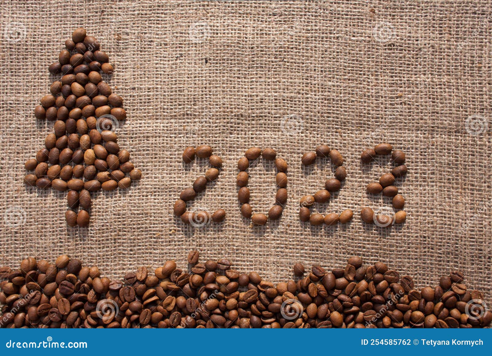 Merry Christmas and New Year Greeting Card. Numbers 2023 and Christmas Tree are Made from Coffee