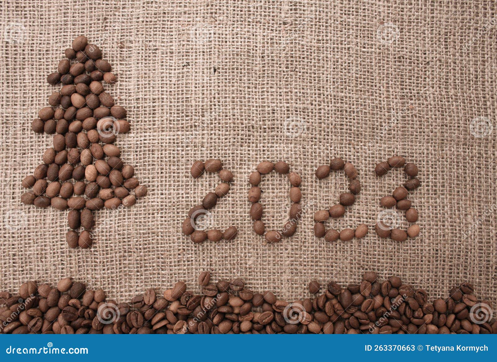 Merry Christmas and New Year Greeting Card. Numbers 2023 and Christmas Tree are Made from Coffee