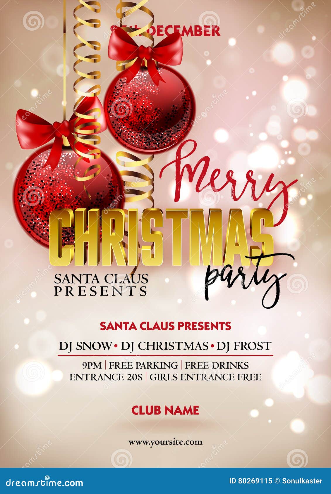 Merry Christmas Party Poster Design Template With Decoration Balls. Stock Vector  Image: 80269115