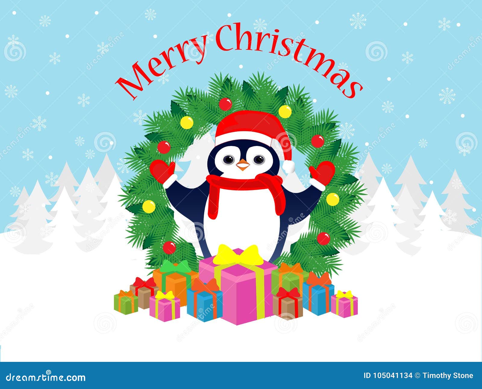 Vector illustration for holiday Christmas greeting card of penguin with presents on snowy background