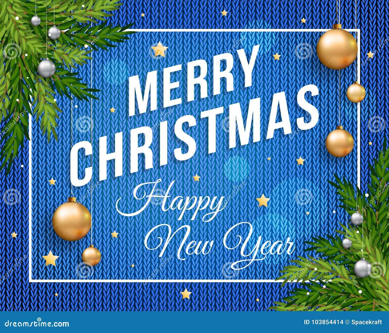 Merry Christmas Poster Banner with Knitted Blue Background, Gold and Silver  Christmas Balls and Template Text for Your Congratulat Stock Illustration -  Illustration of layout, decorative: 103854414