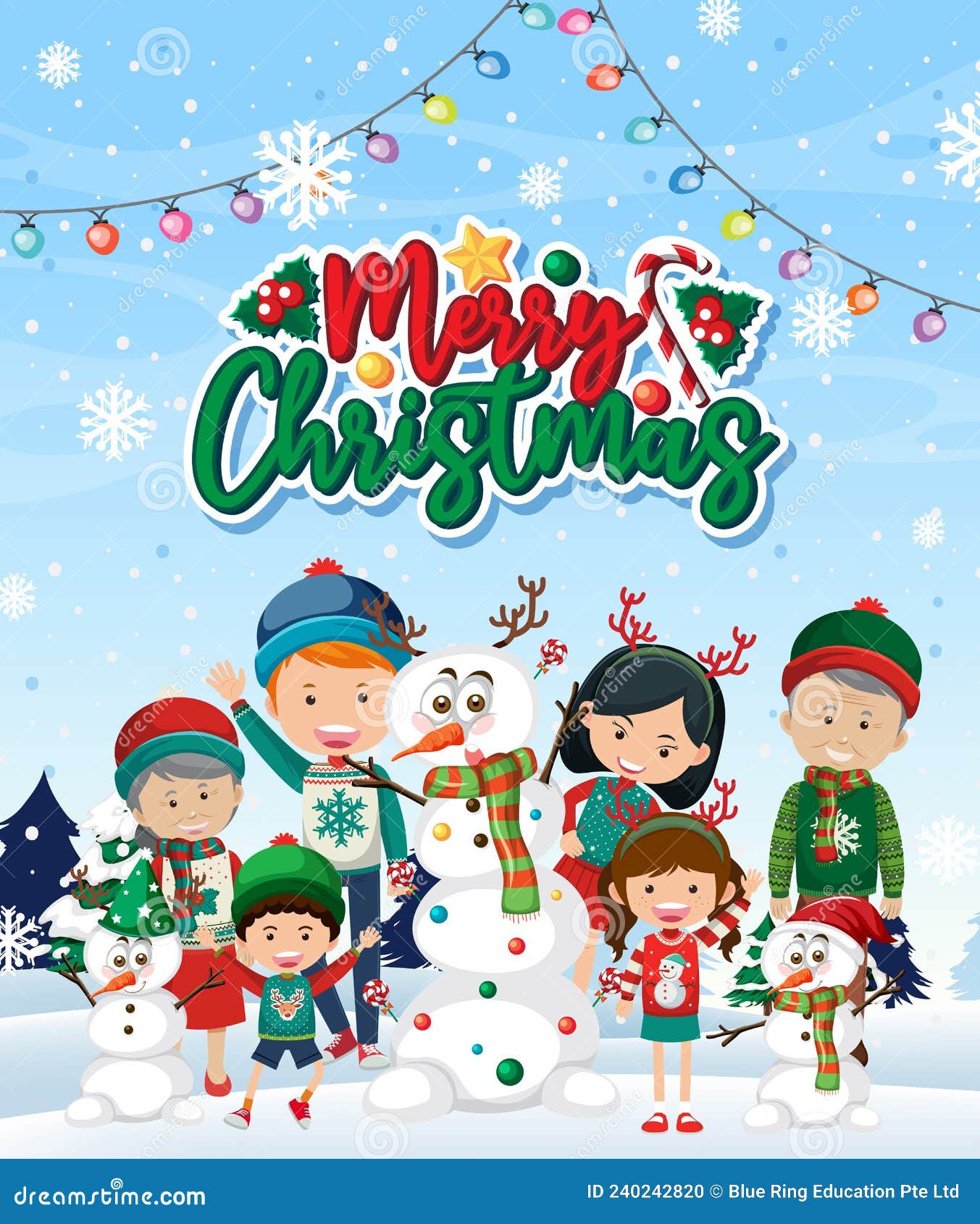 Merry Christmas Poster with Children and Snowman Stock Vector ...
