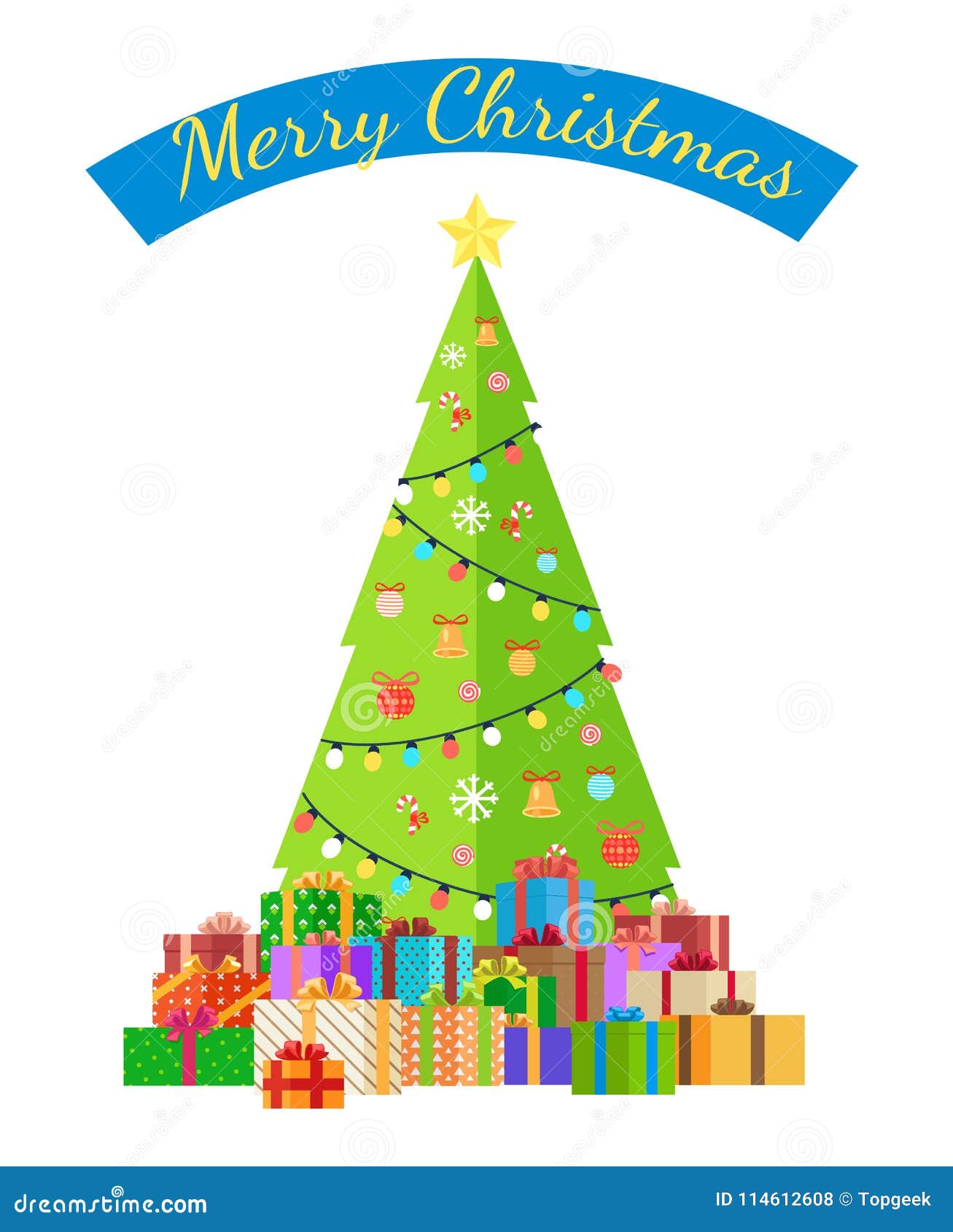 Merry Christmas Poster with Decorated Tree by Garlands Stock Vector ...