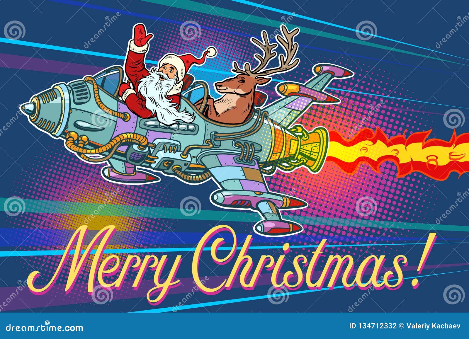 Merry Christmas. Retro Santa Claus with a Deer Flying on a Rocke Stock ...