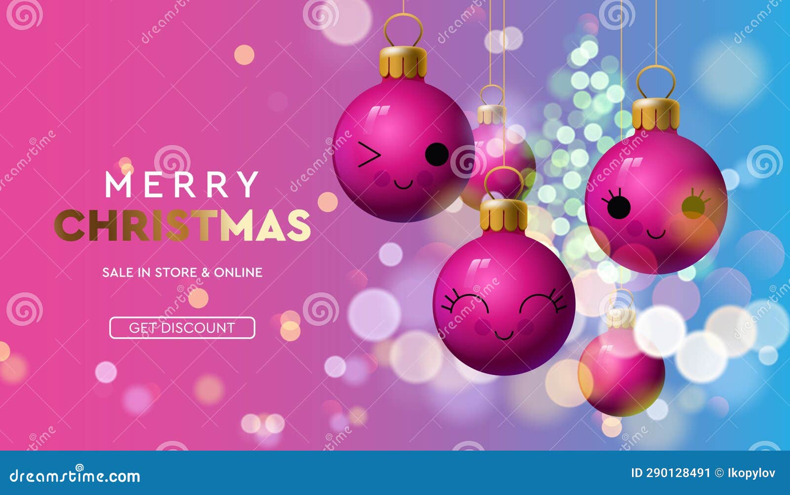 merry christmas sale banner with pink colorful baubles sparkle in blur bokeh effect pink background.