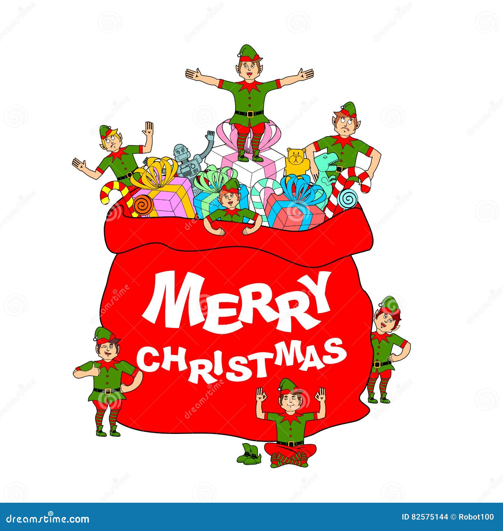 Merry Christmas. Santa Bag with Gift and Elves Stock Vector ...
