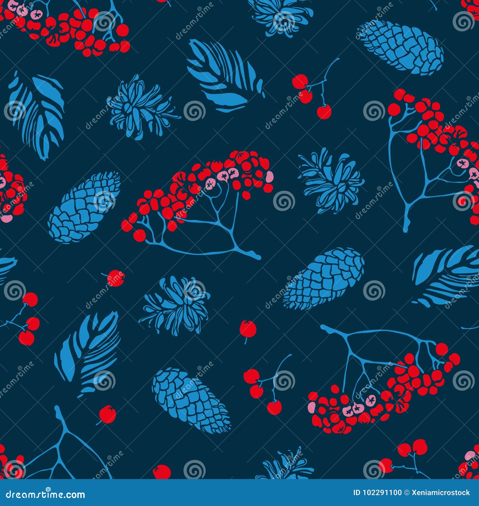 merry christmas. a seamless pattern on a festive theme with natural s in the form of berries of mountain ash, cones of pine