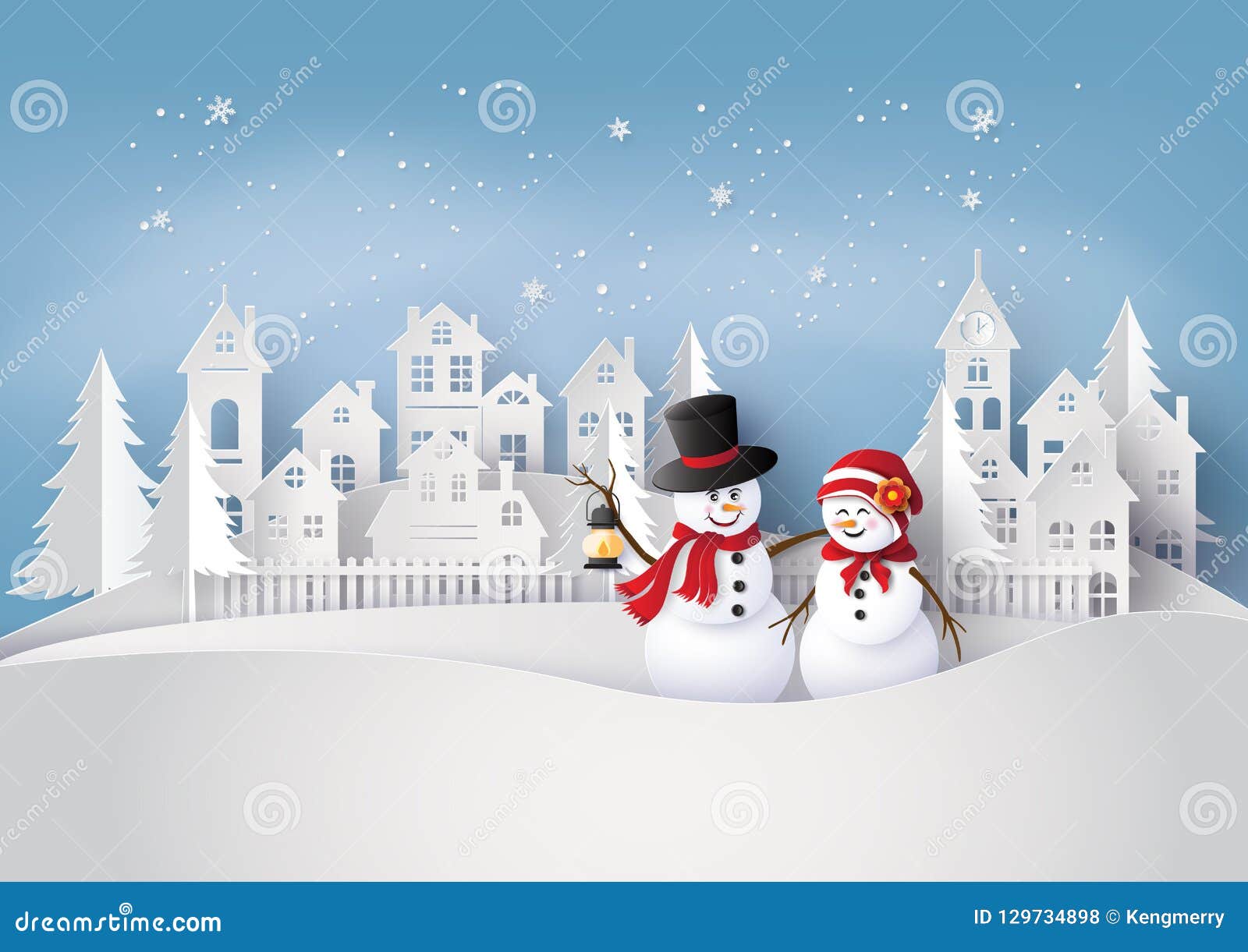 merry christmas and snow man in the village.