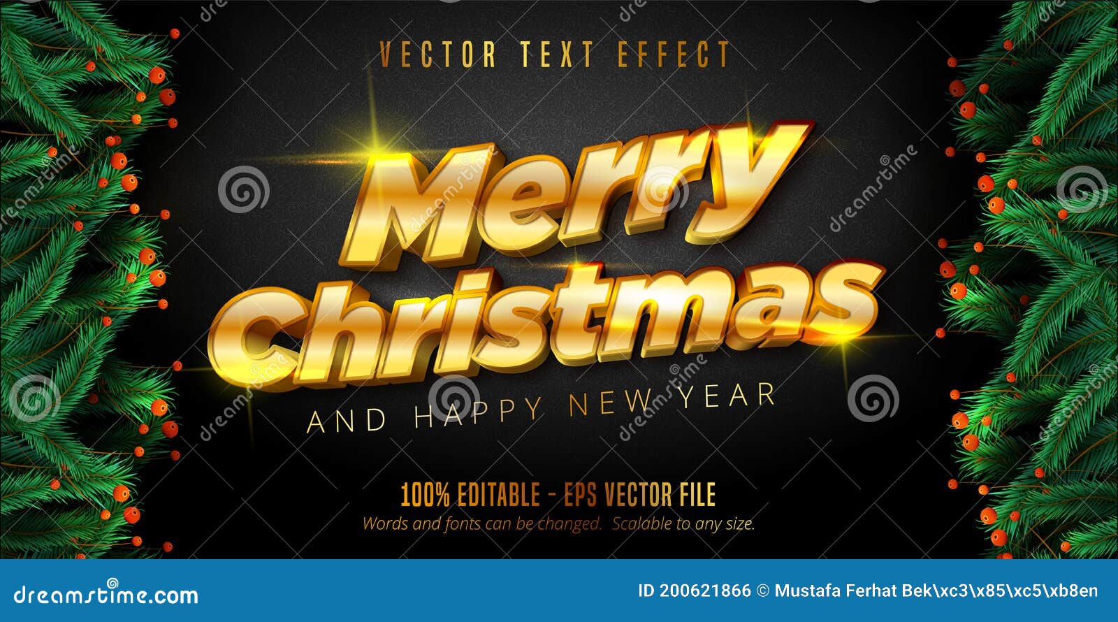 merry christmas text, shiny gold christmas style editable text effect