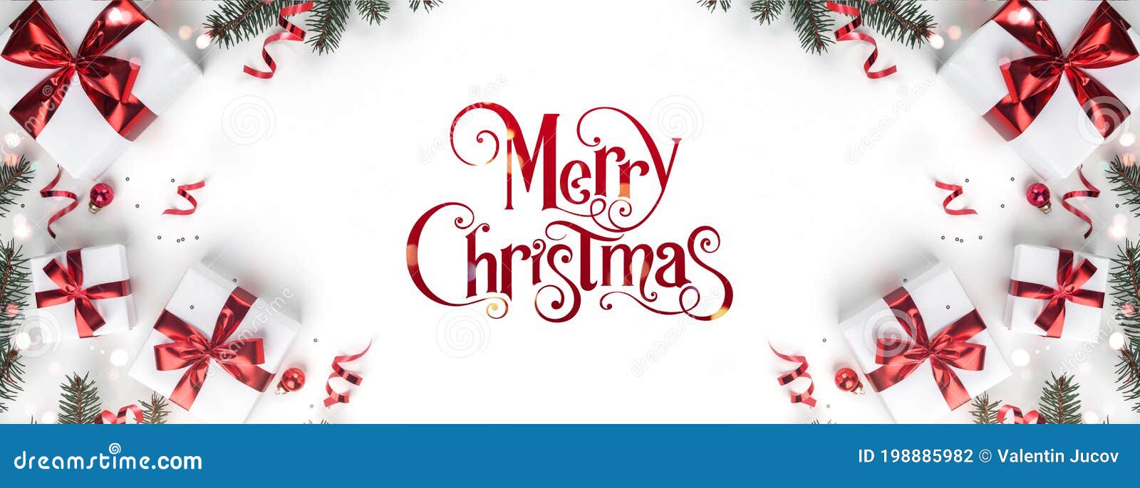 Merry Christmas Text on White Background with Gift Boxes, Ribbons ...