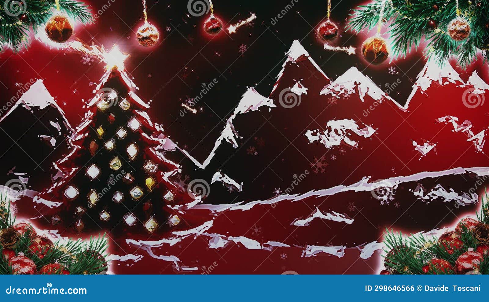 Merry Christmas Tree with Falling Snow and Decorations Loop Background