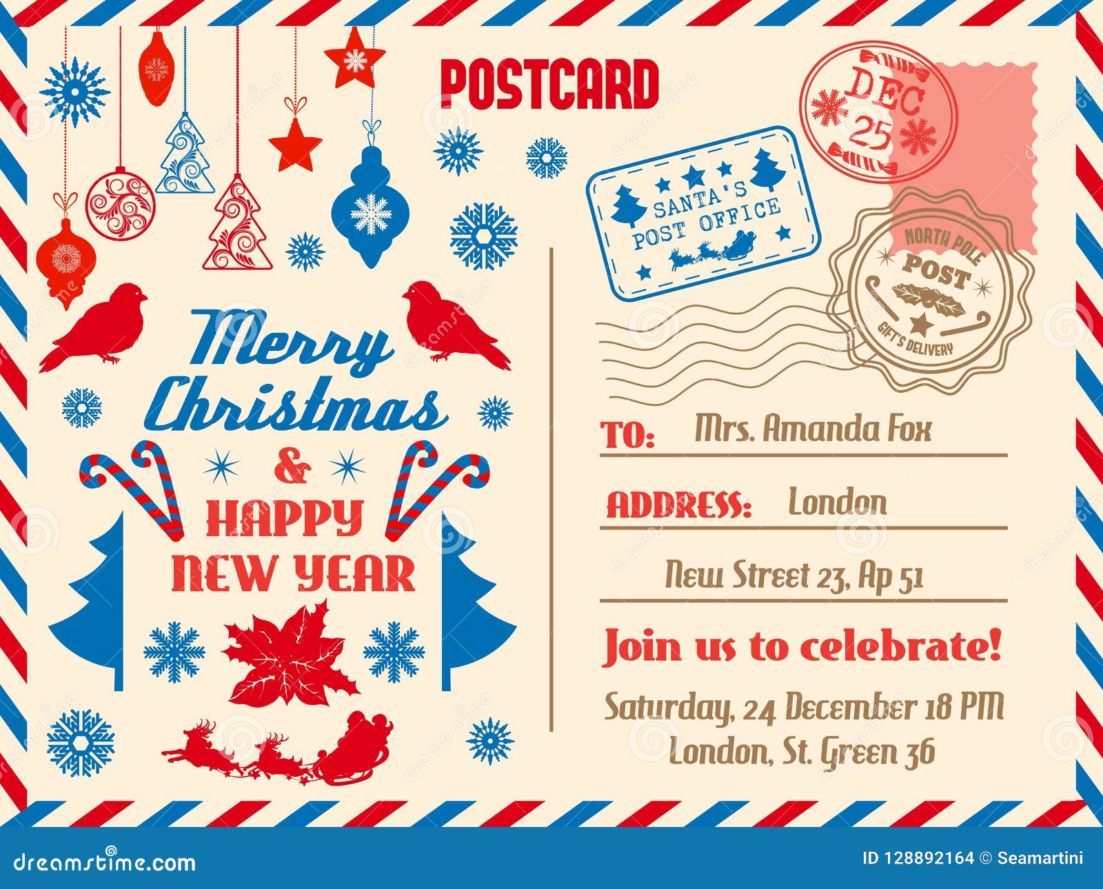 Merry Christmas Postcard, Holiday Vector Stock Vector - Illustration of ...