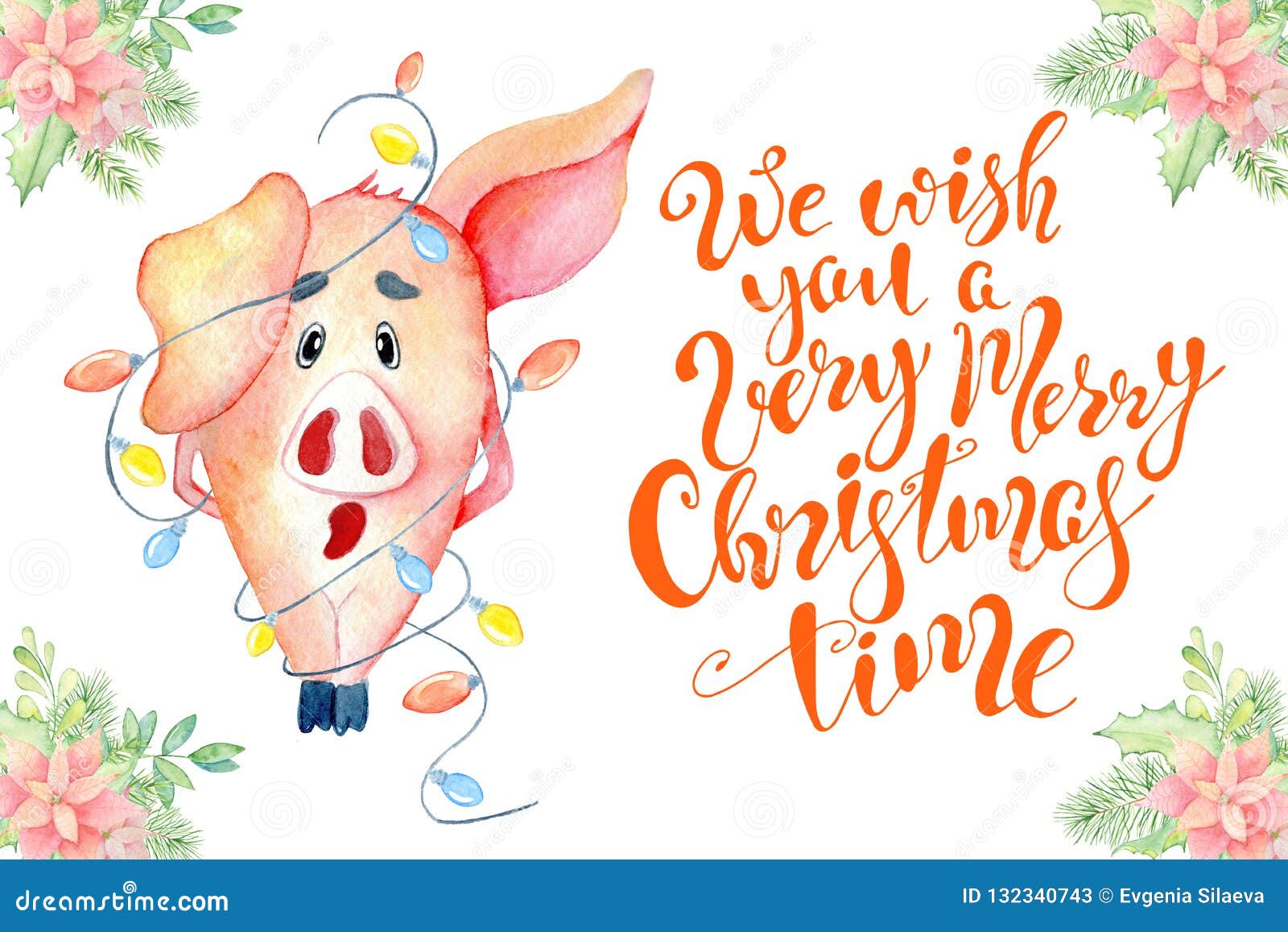 Merry Christmas Watercolor Card with Cute Funny Pig and Lettering Quote  Stock Illustration - Illustration of jolly, greeting: 132340743